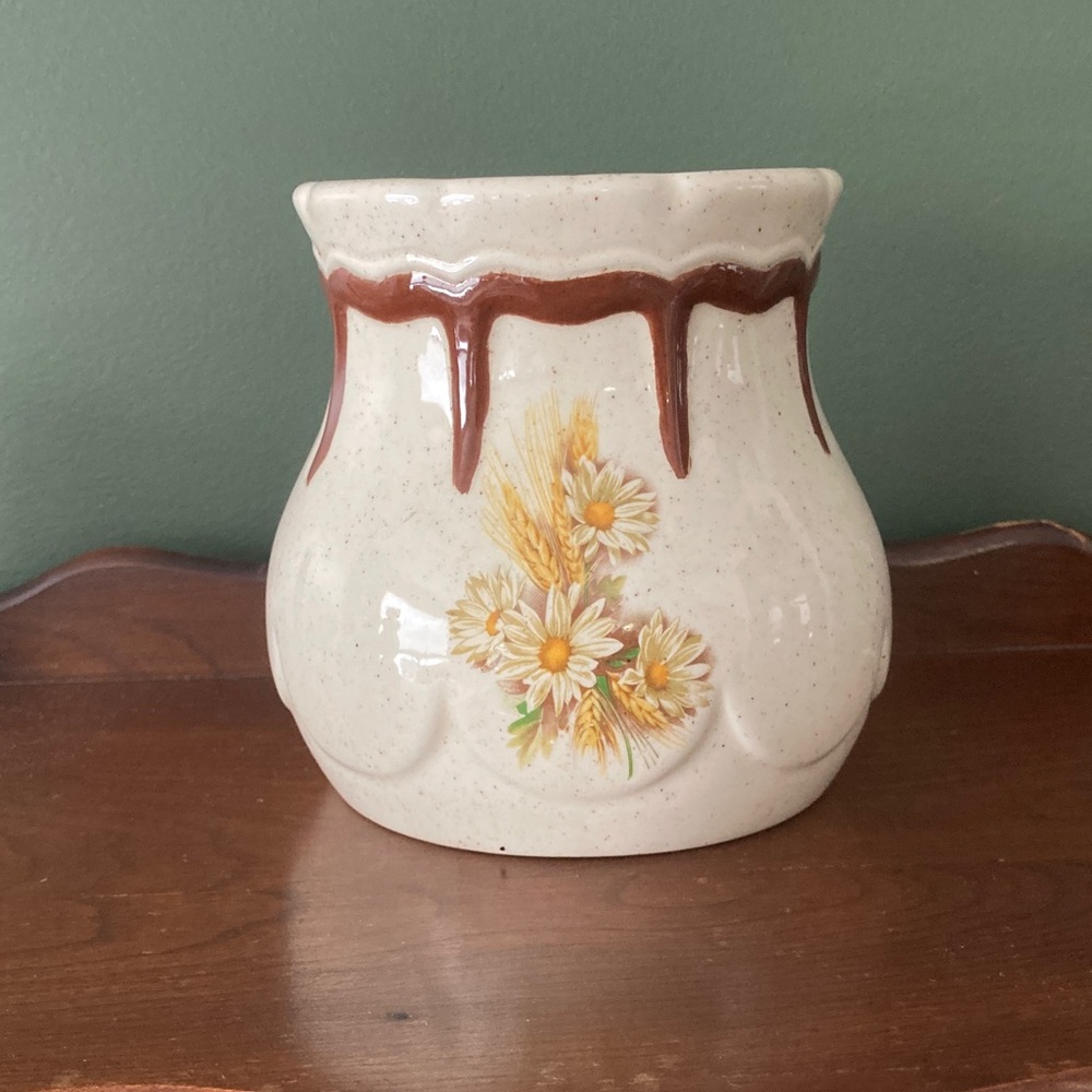 Floral Ceramic Vase with Brown Drip Design